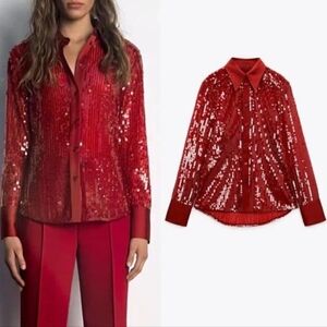 Zara Sequin Red Shirt Size S NWT